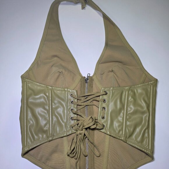 Out From Under Olive Green Faux Leather Halter Corset Top Size M - Picture 4 of 8